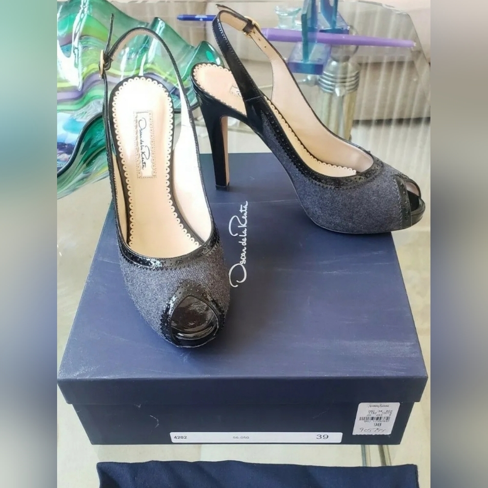 OSCAR DE LA RENTA GRAY FELT BLACK PATENT PLATFORM PUMPS SHOES OPEN TOE 9 $695